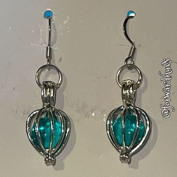 Bundle Sale 3 for $15 | Silver Cage with Blue Plastic Dangle Earrings - Picture 4 of 8